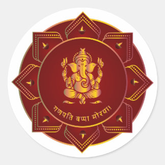 Ganpati Bappa Morya Golden Ganesha 8 Diya Mandala Classic Round Sticker