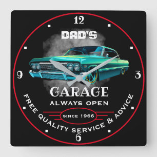 Garage Any Name Always Open Slogan Green Auto Square Wall Clock