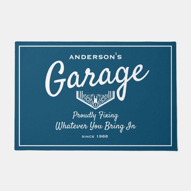 Garage Any Name Funny Saying Blue White Script Doormat (Front)