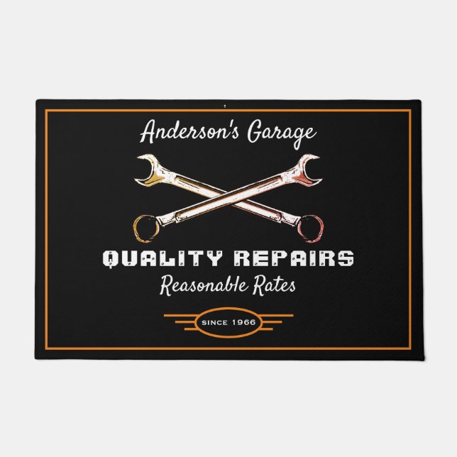 Garage Any Name Quality Repairs Cars Orange Black  Doormat (Front)