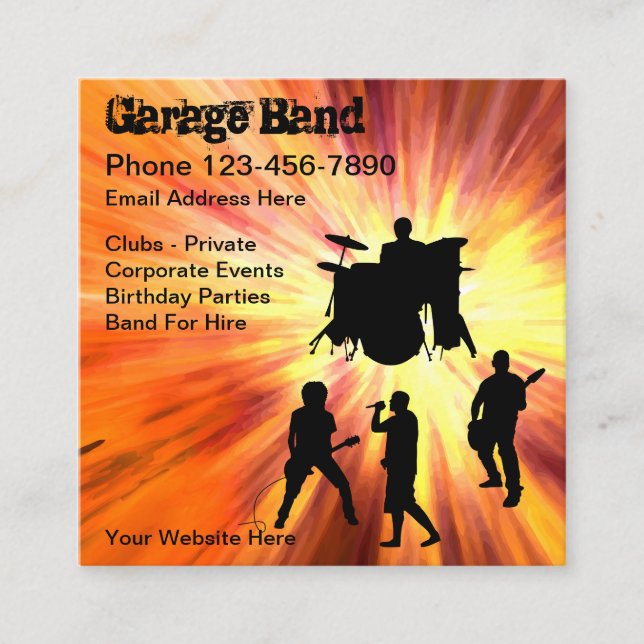 Garage Band Rock And Roll Square Business Card (Front)