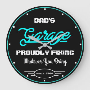 Garage Dad's or Any Name Fixing Turquoise Black Large Clock