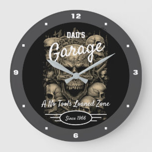 Garage Dad's or Any Name Skulls Black Grey Large Clock
