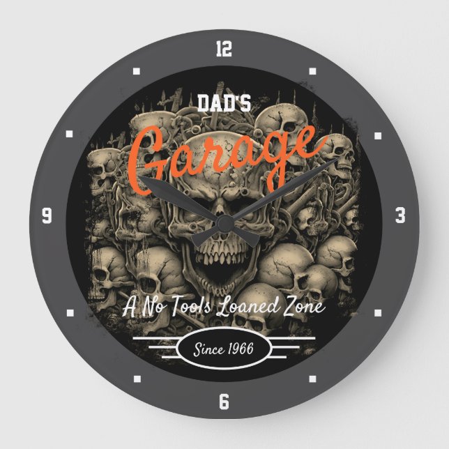 Garage Dad's or Any Name Skulls Grey Black Large Clock (Front)