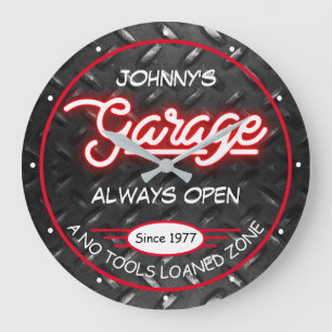 Garage for Any Name Faux Red Neon Diamond Plate   Large Clock