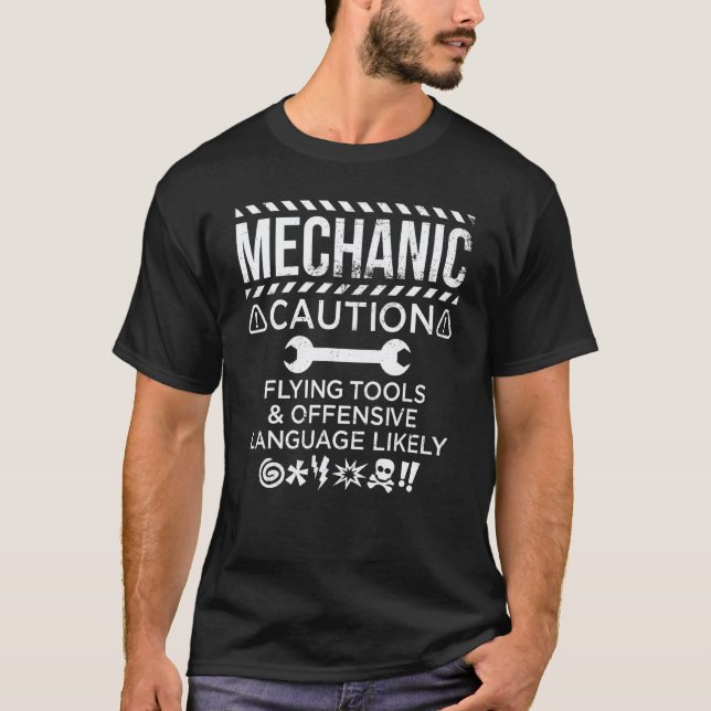 Garage Mechanic Caution Flying Tool Offensive Lang T-Shirt (Front)