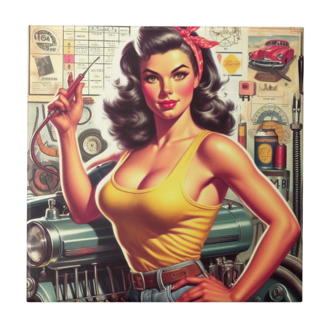 Garage Mechanic Pin-up Ceramic Tile (Front)