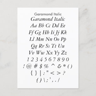 Garamond Italic - Zazzle Font Sampler Sheet Postcard