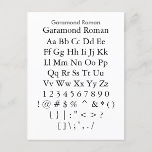 Garamond Roman - Zazzle Font Sampler Sheet Postcard