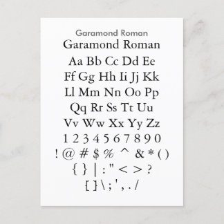 Garamond Roman - Zazzle Font Sampler Sheet Postcard