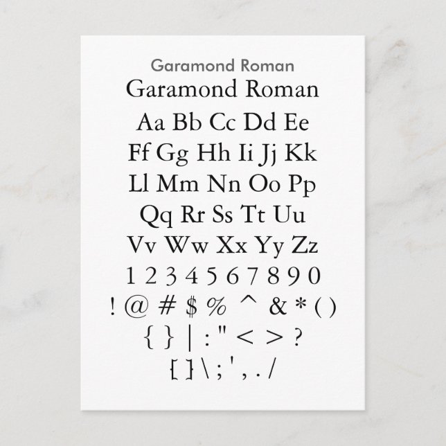 Garamond Roman - Zazzle Font Sampler Sheet Postcard (Front)