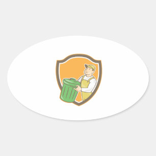Garbage Collector Carrying Bin Shield Cartoon Oval Sticker