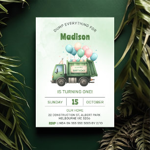 Garbage Trash Truck 1st Birthday Party  Invitation