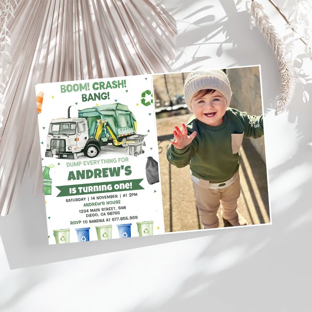 Garbage Trash Truck 1st Birthday Party Photo  Invitation (Creator Uploaded)