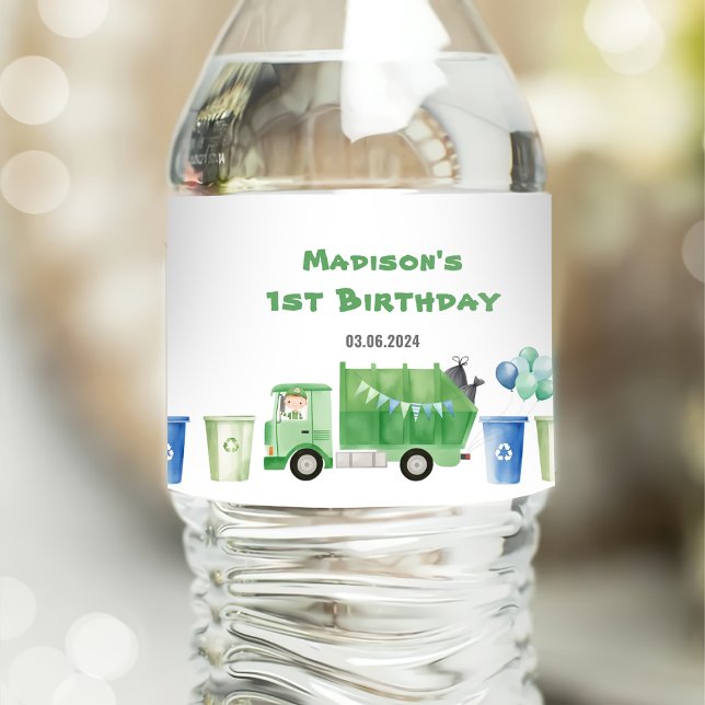 Garbage Trash Truck 1st Birthday Party  Water Bottle Label (Creator Uploaded)