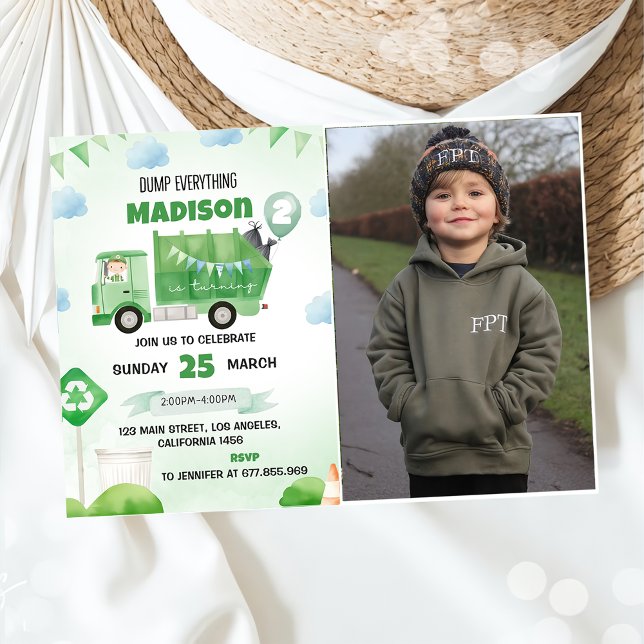 Garbage Trash Truck 2nd Birthday Party Photo  Invitation (Creator Uploaded)