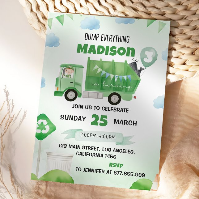 Garbage Trash Truck 3rd Birthday Party  Invitation (Creator Uploaded)