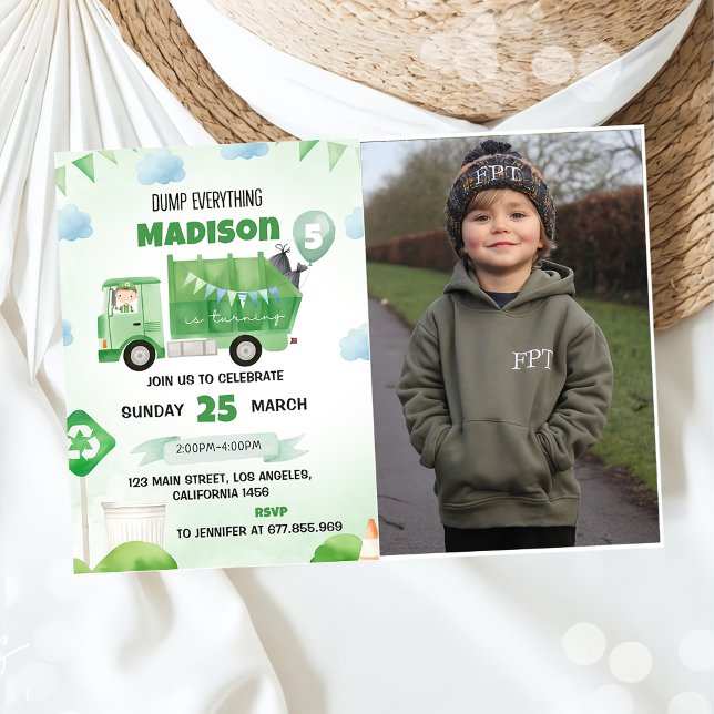 Garbage Trash Truck 5th Birthday Party Photo Invitation (Creator Uploaded)