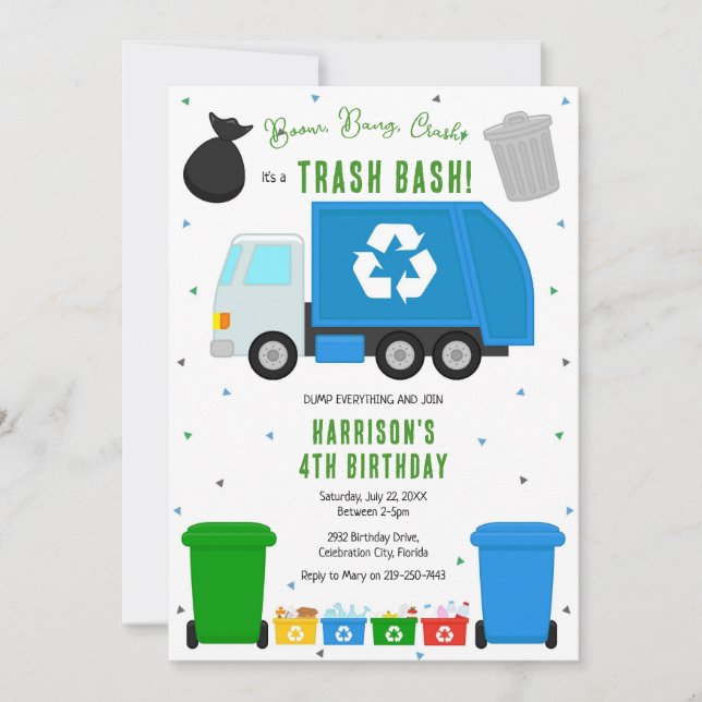 Garbage Trash Truck Birthday Invitation (Front)