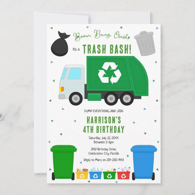 Garbage Trash Truck Birthday Invitation (Front)