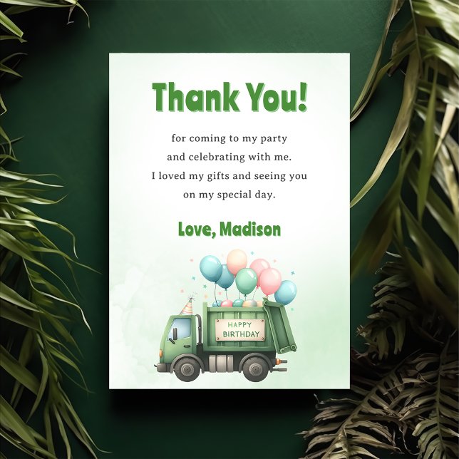 Garbage Trash Truck Birthday Party Thank You Card (Creator Uploaded)