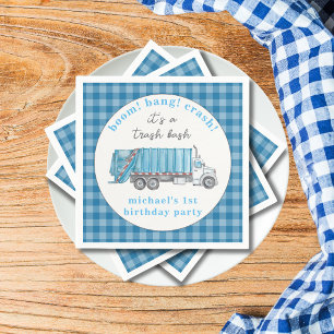 Garbage Trash Truck Blue Gingham 1st Birthday Napkin