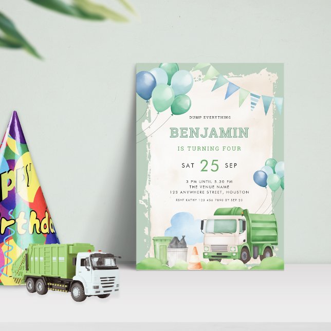 Garbage Truck 4th Birthday Party Sage Green Invitation (Creator Uploaded)