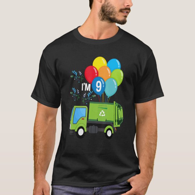 Garbage Truck 9th Birthday Vehicle Green Balloons  T-Shirt (Front)