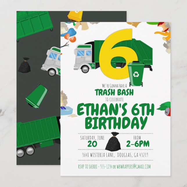 Garbage Truck Birthday, Garbage Truck 6th Birthday Invitation (Front/Back)