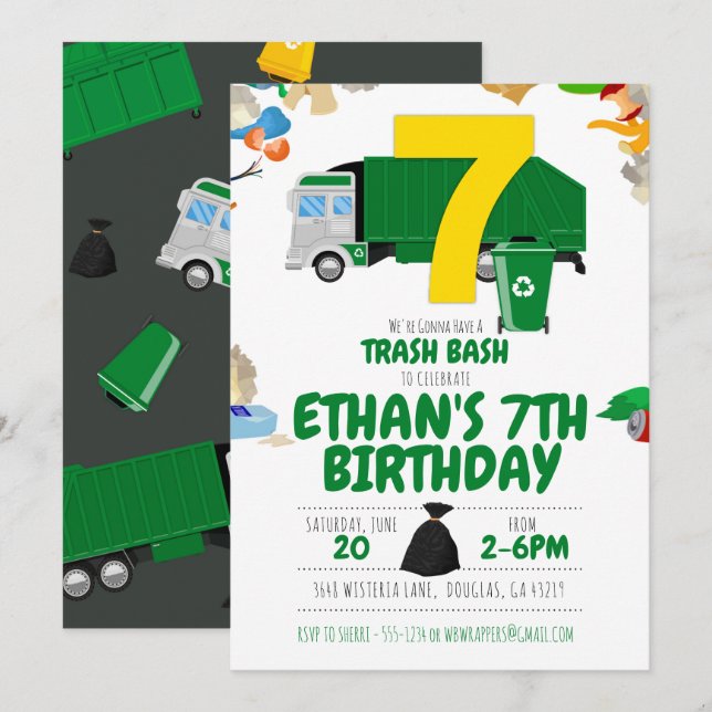 Garbage Truck Birthday, Garbage Truck 7th Birthday Invitation (Front/Back)