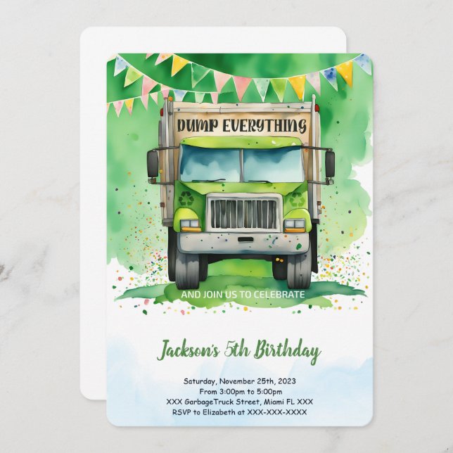 Garbage Truck Birthday  Invitation (Front/Back)