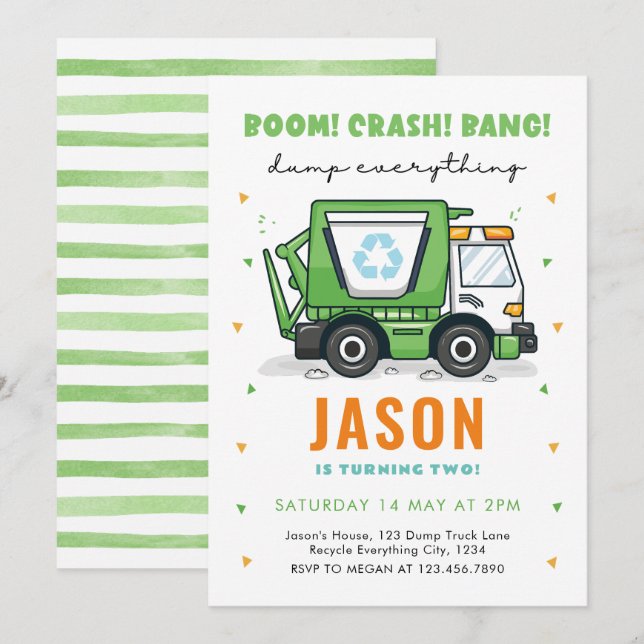 Garbage Truck Birthday Invitation Trash Party (Front/Back)