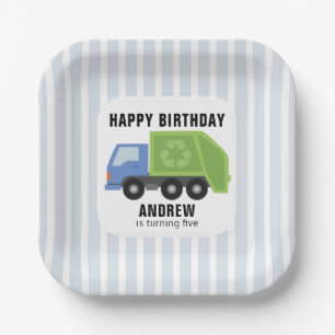 Garbage Truck Birthday Paper Plate blue green