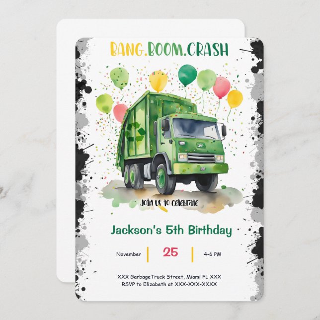 Garbage Truck Birthday Party Invitation (Front/Back)