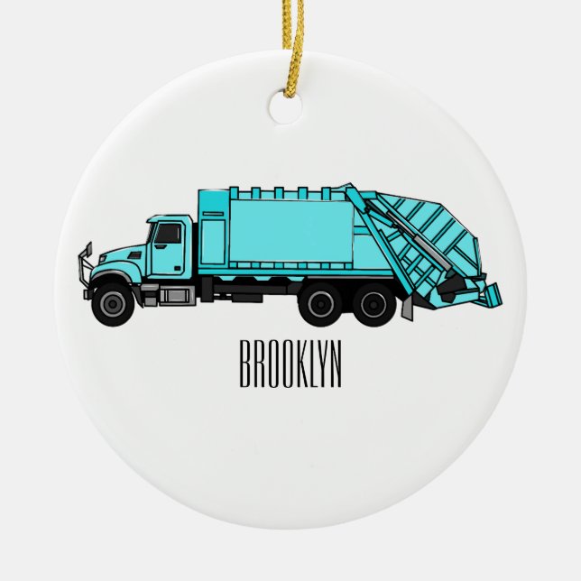 Garbage truck cartoon illustration ceramic ornament (Front)