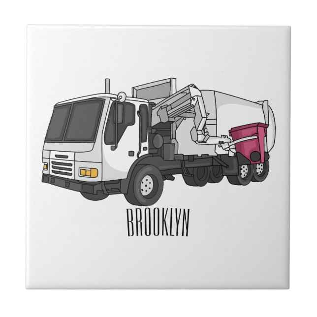 Garbage truck cartoon illustration ceramic tile (Front)