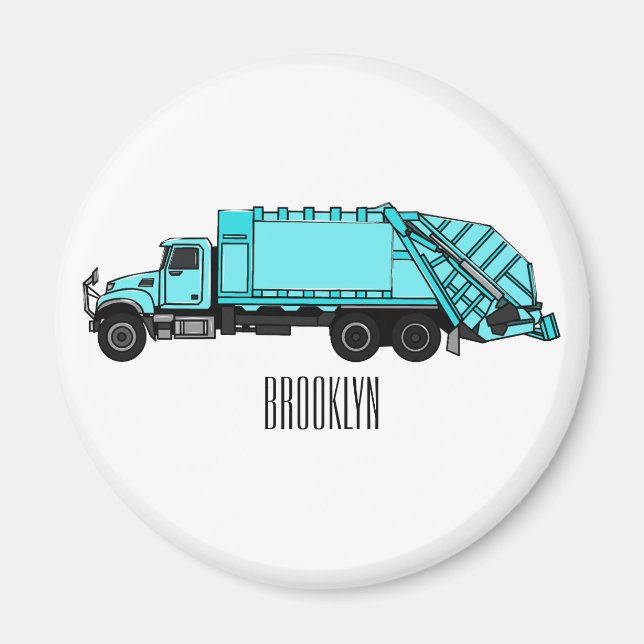 Garbage truck cartoon illustration magnet (Front)