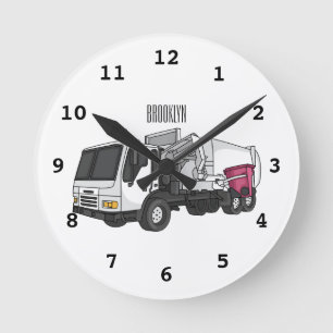 Garbage truck cartoon illustration round clock
