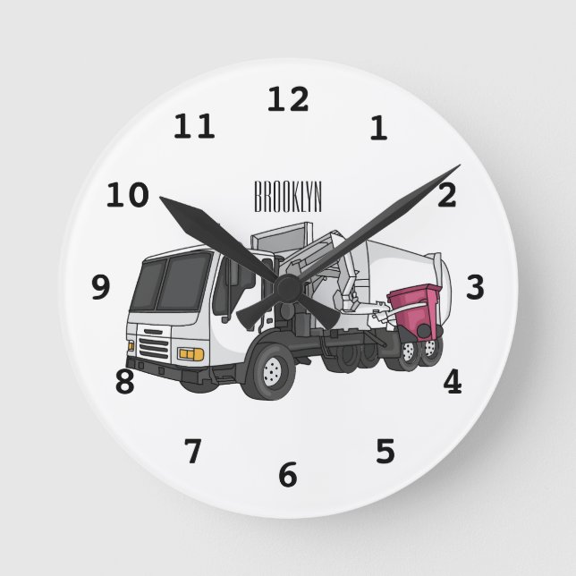 Garbage truck cartoon illustration round clock (Front)