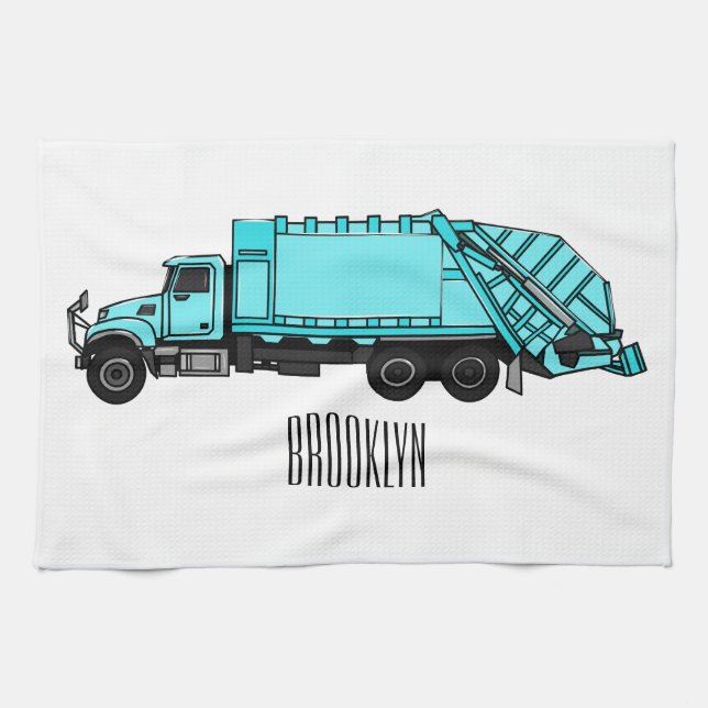Garbage truck cartoon illustration tea towel (Horizontal)