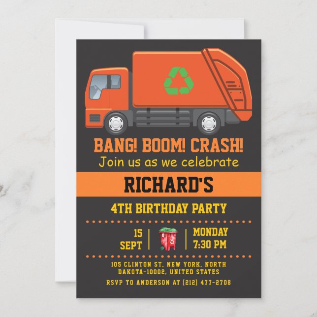 Garbage Truck Themed Kids Fun Birthday Party Invitation (Front)