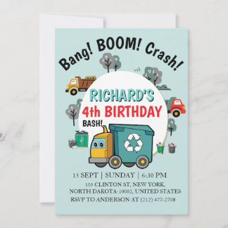 Garbage Truck Themed Kids Trash Party Birthday Invitation