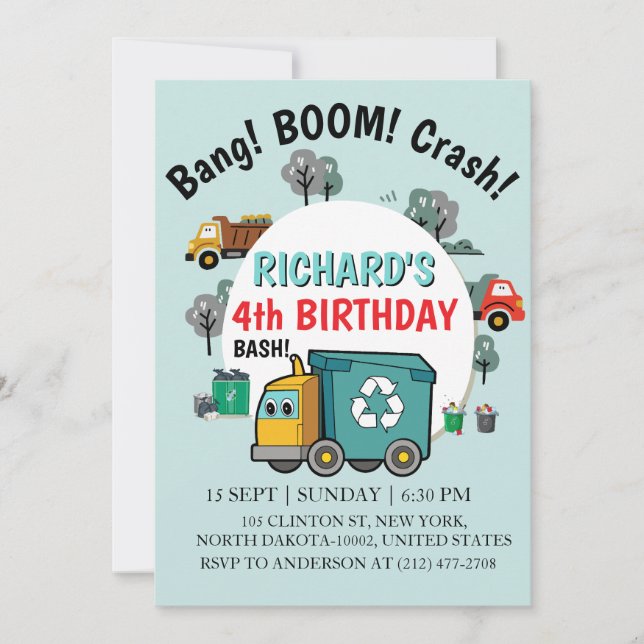 Garbage Truck Themed Kids Trash Party Birthday Invitation (Front)