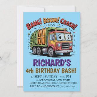 Garbage Truck Themed Kids Trash Party Birthday Invitation
