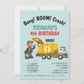 Garbage Truck Themed Kids Trash Party Birthday Invitation