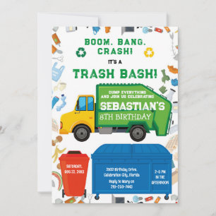 Garbage Truck Trash Bash Boy Birthday Invitation