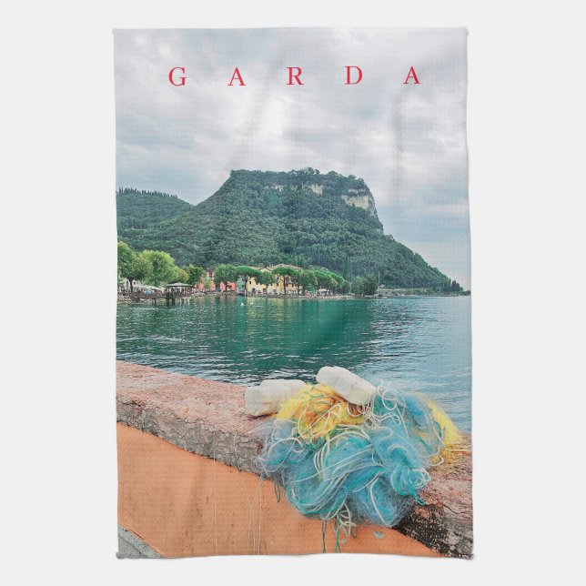 Garda Rock and fishing nets view tea towel (Vertical)