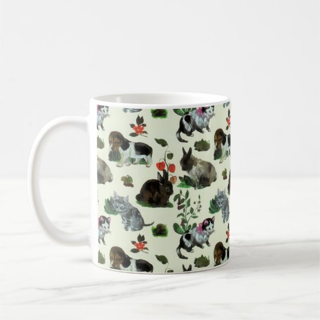Garden Animals Rabbit Cat Dog Flowers Coffee Mug (Left)