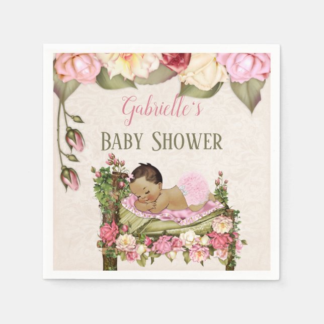 Garden Baby Shower Bed Roses Girl Pink Ivory Napkin (Front)