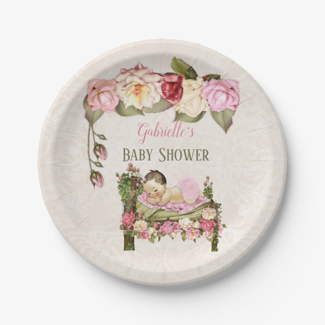 Garden Baby Shower Bed Roses Girl Pink Ivory Paper Plate (Front)